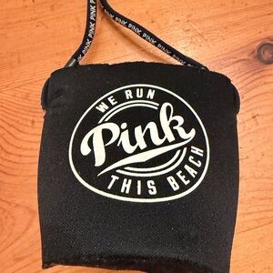 NEW Victoria's Secret PINK Black "We Run This Beach" Drink Holder Koozie Lanyard